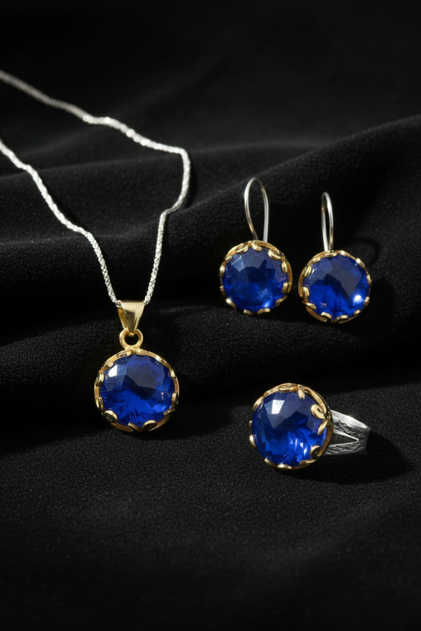 Safir Taşlı Vav Harfi Motifli Otantik Gümüş Kadın Set