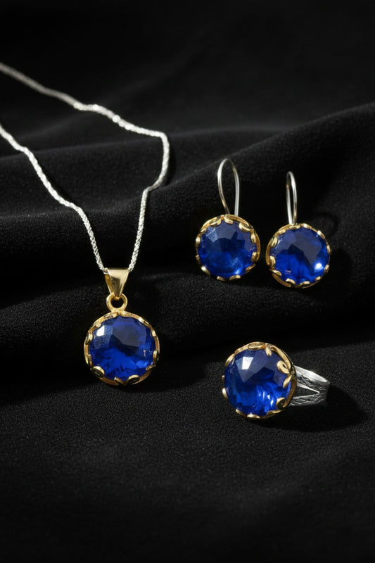 Safir Taşlı Vav Harfi Motifli Otantik Gümüş Kadın Set