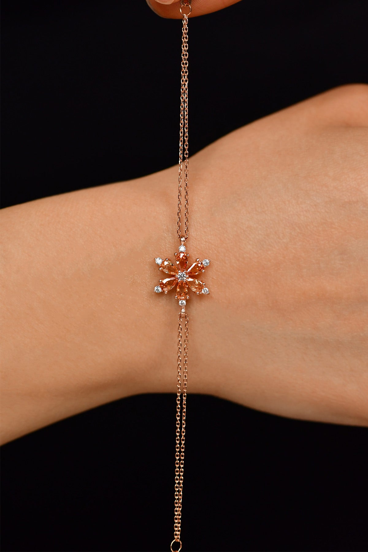 925 Ayar Sitrin Taşlı Rose Lotus Çiçeği Gümüş Bileklik