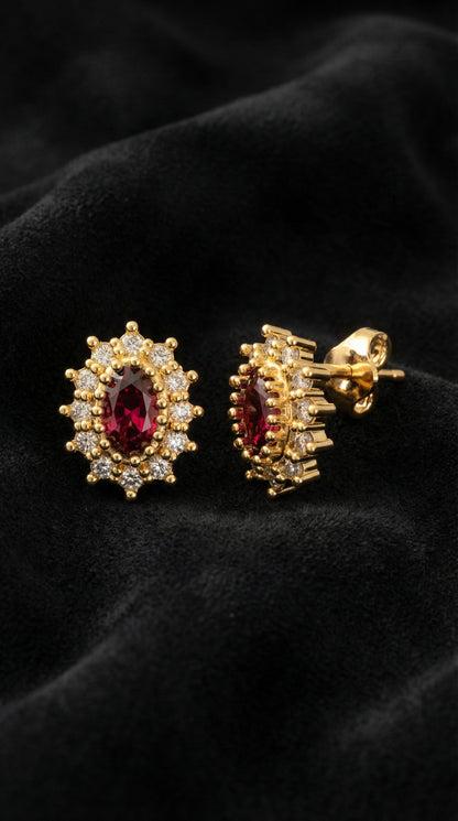 925 Ayar Yakut Taşlı Gold Oval Anturaj Minimal Çivili Gümüş Küpe