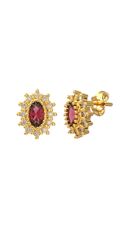 925 Ayar Yakut Taşlı Gold Oval Anturaj Minimal Çivili Gümüş Küpe