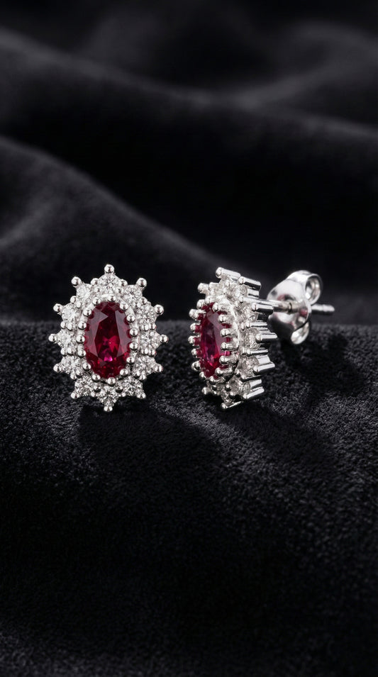 925 Ayar Yakut Taşlı Rodyum Oval Anturaj Minimal Çivili Gümüş Küpe