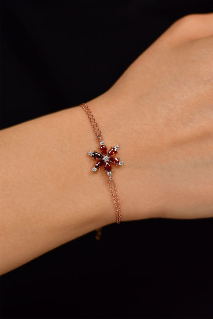 925 Ayar Yakut Taşlı Rose Lotus Çiçeği Gümüş Bileklik