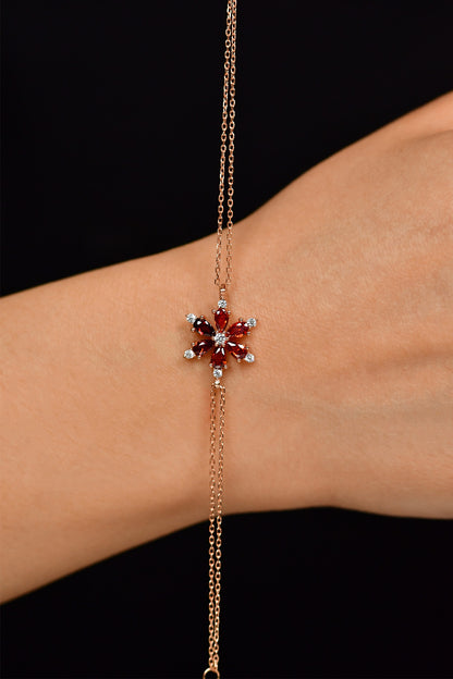 925 Ayar Yakut Taşlı Rose Lotus Çiçeği Gümüş Bileklik