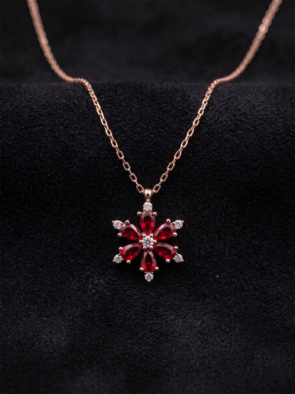 925 Ayar Yakut Taşlı Rose Lotus Çiçeği Gümüş Kolye