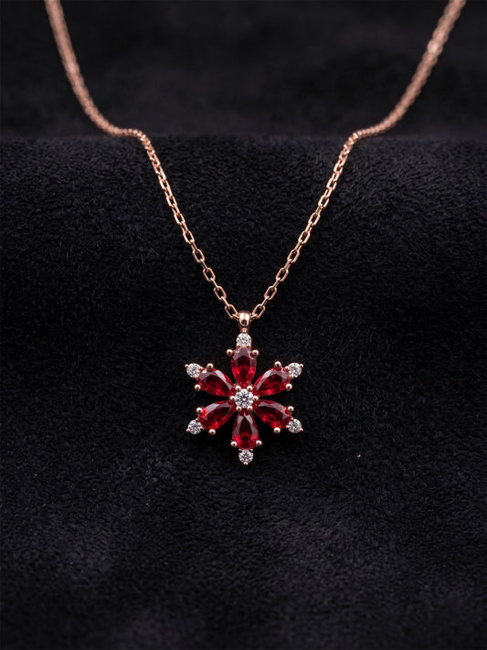 925 Ayar Yakut Taşlı Rose Lotus Çiçeği Gümüş Kolye