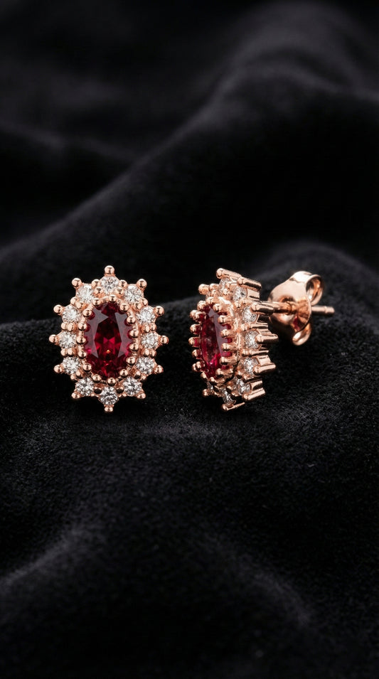 925 Ayar Yakut Taşlı Rose Oval Anturaj Minimal Çivili Gümüş Küpe