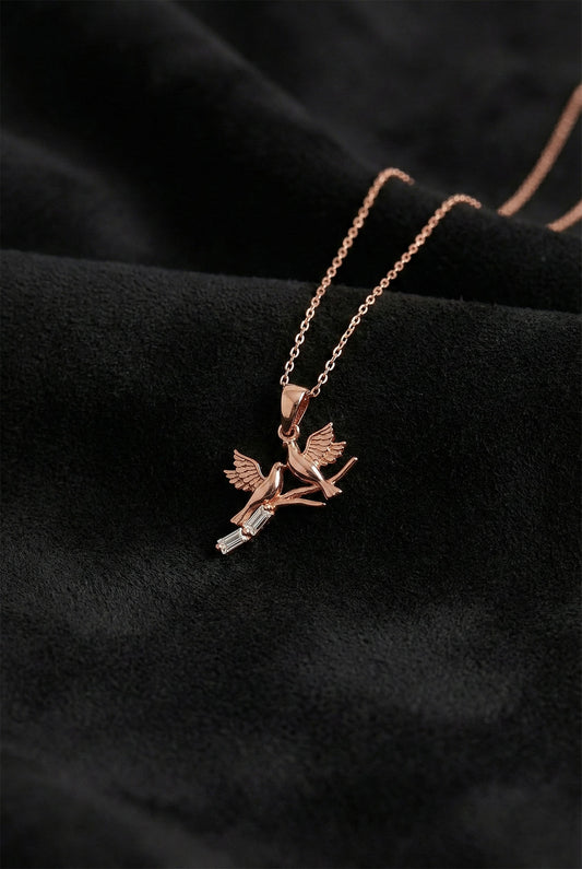 925 Ayar Zirkon Baget Taşlı Rose Kuş Yuvası Gümüş Kolye