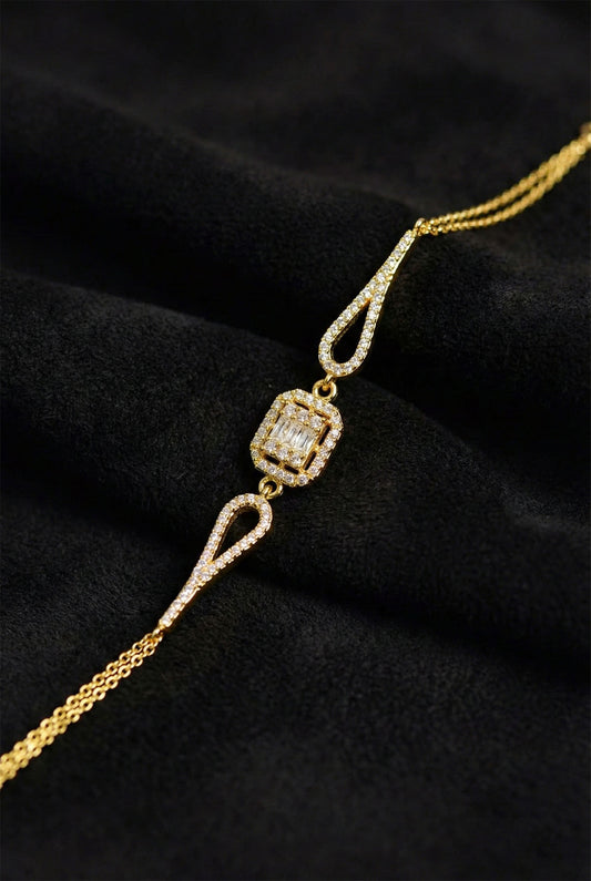 925 Ayar Zirkon Taşlı Gold 3 Sıra Baget Gümüş Bileklik
