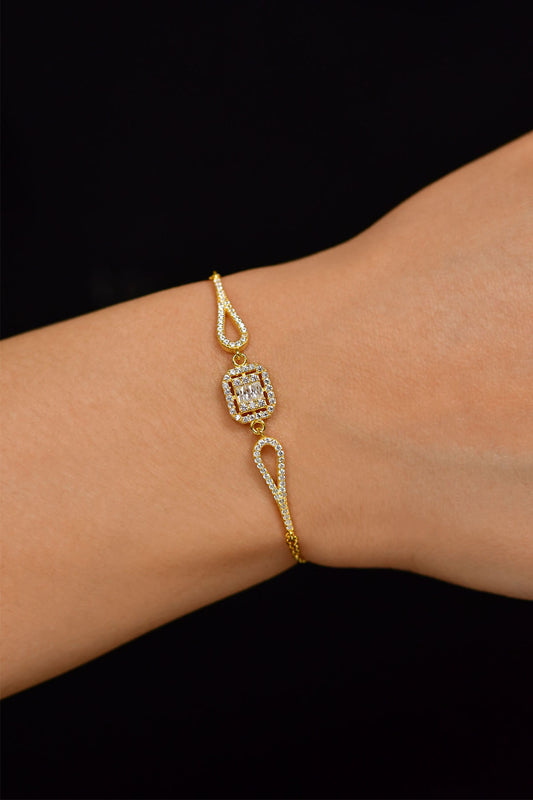 925 Ayar Zirkon Taşlı Gold 3 Sıra Baget Gümüş Bileklik