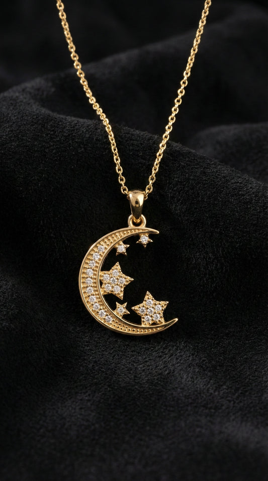 925 Ayar Zirkon Taşlı Gold Ay Yıldız Gökyüzü Gümüş Kolye