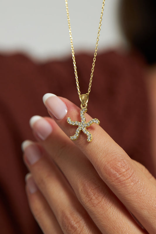 925 Ayar Zirkon Taşlı Gold Deniz Yıldızı Gümüş Kolye