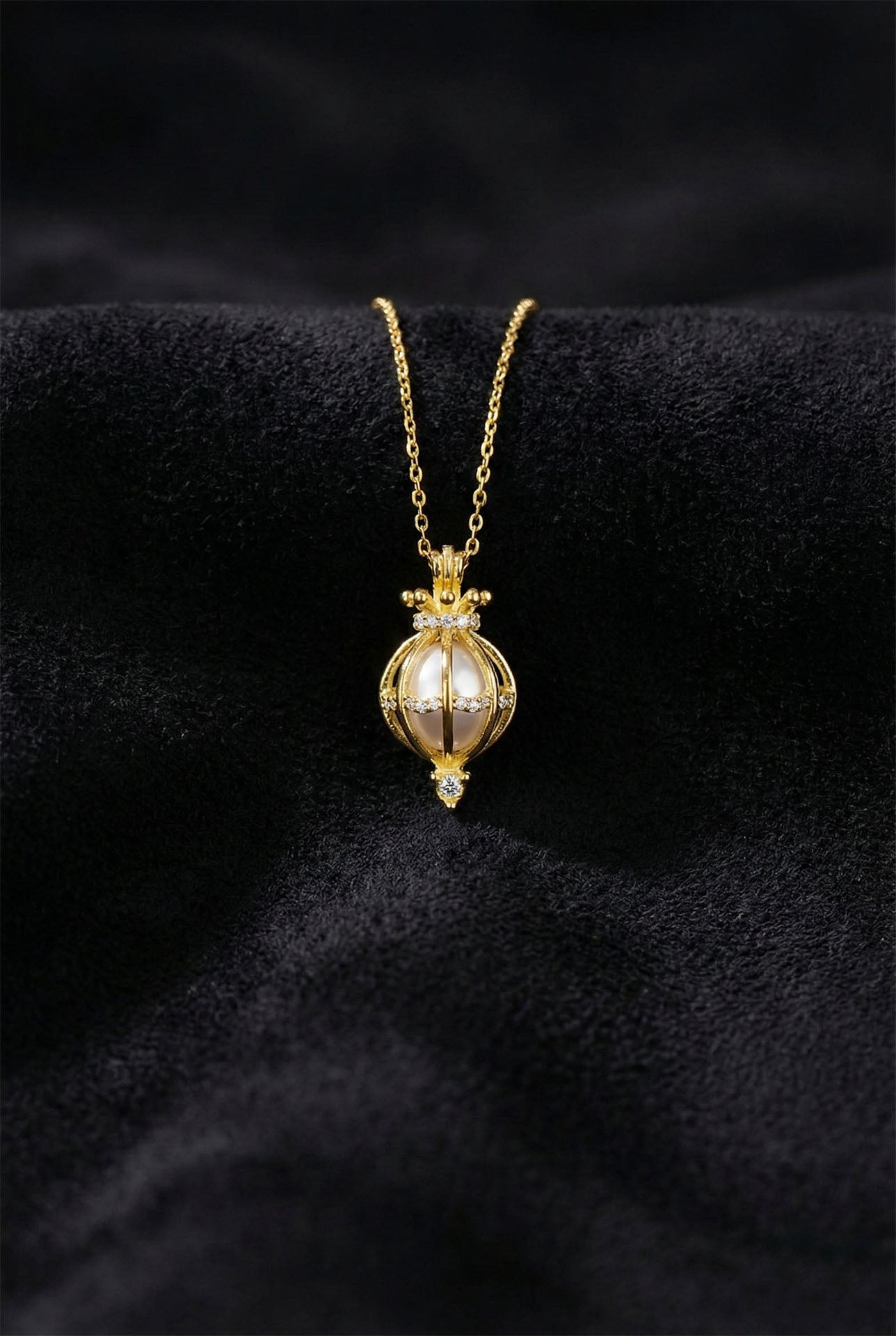 925 Ayar Zirkon Taşlı Gold İncili Kafes Gümüş Kolye