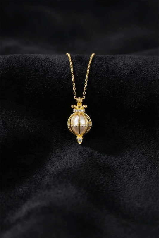 925 Ayar Zirkon Taşlı Gold İncili Kafes Gümüş Kolye