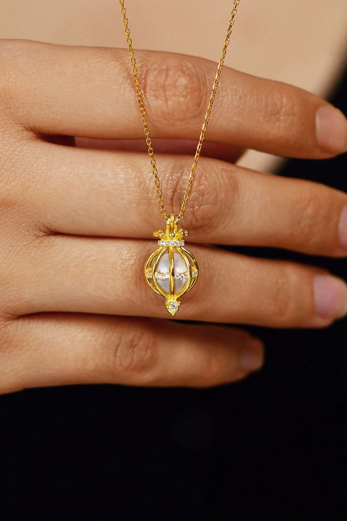 925 Ayar Zirkon Taşlı Gold İncili Kafes Gümüş Kolye
