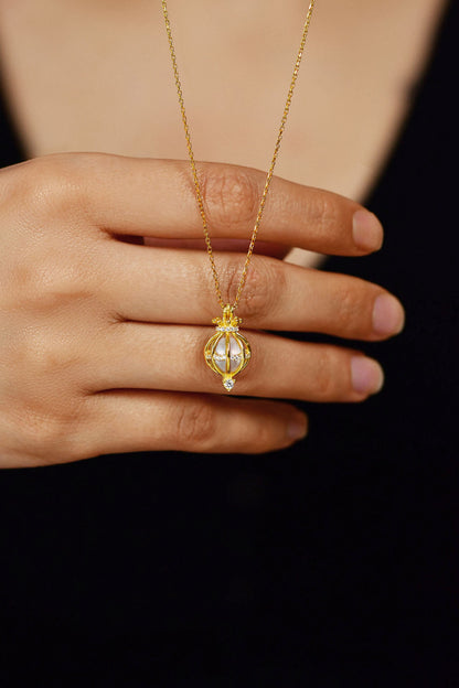 925 Ayar Zirkon Taşlı Gold İncili Kafes Gümüş Kolye