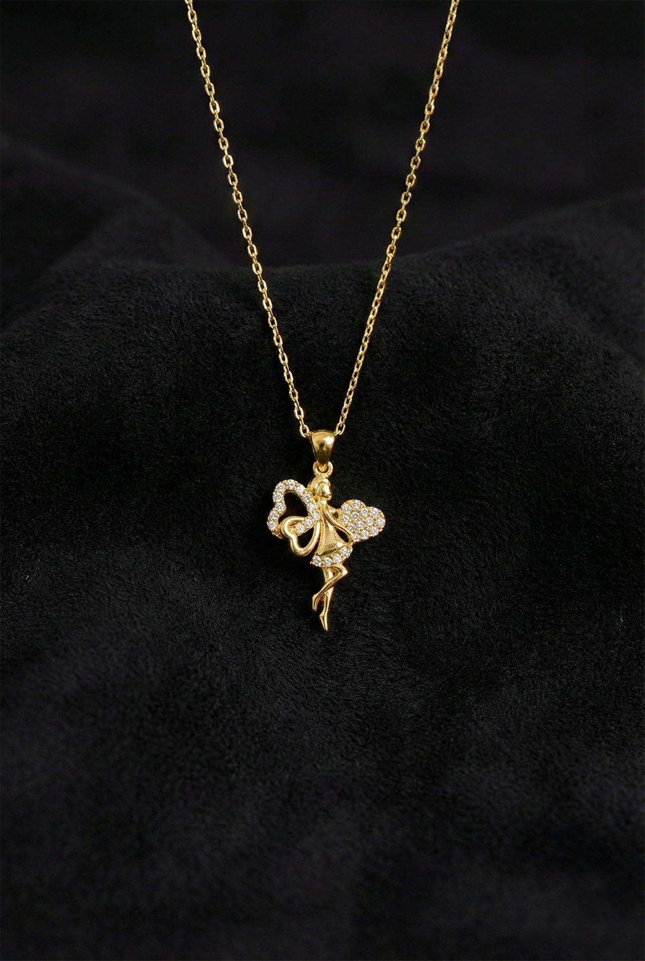 925 Ayar Zirkon Taşlı Gold Kalpli Aşk Perisi Gümüş Kolye