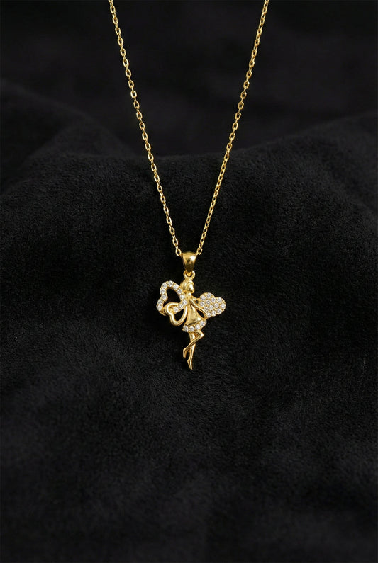 925 Ayar Zirkon Taşlı Gold Kalpli Aşk Perisi Gümüş Kolye