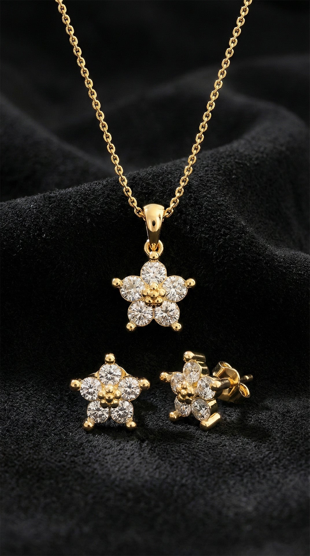 Zirkon Taşlı Gold Manolya Çiçeği Kolye Küpe 2'li Gümüş Set