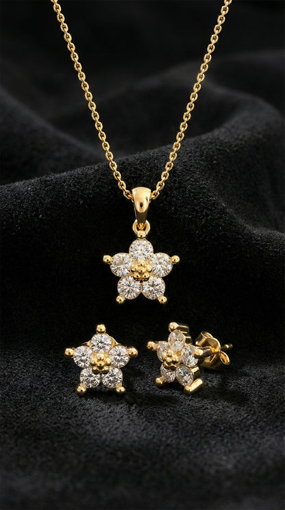 Zirkon Taşlı Gold Manolya Çiçeği Kolye Küpe 2'li Gümüş Set