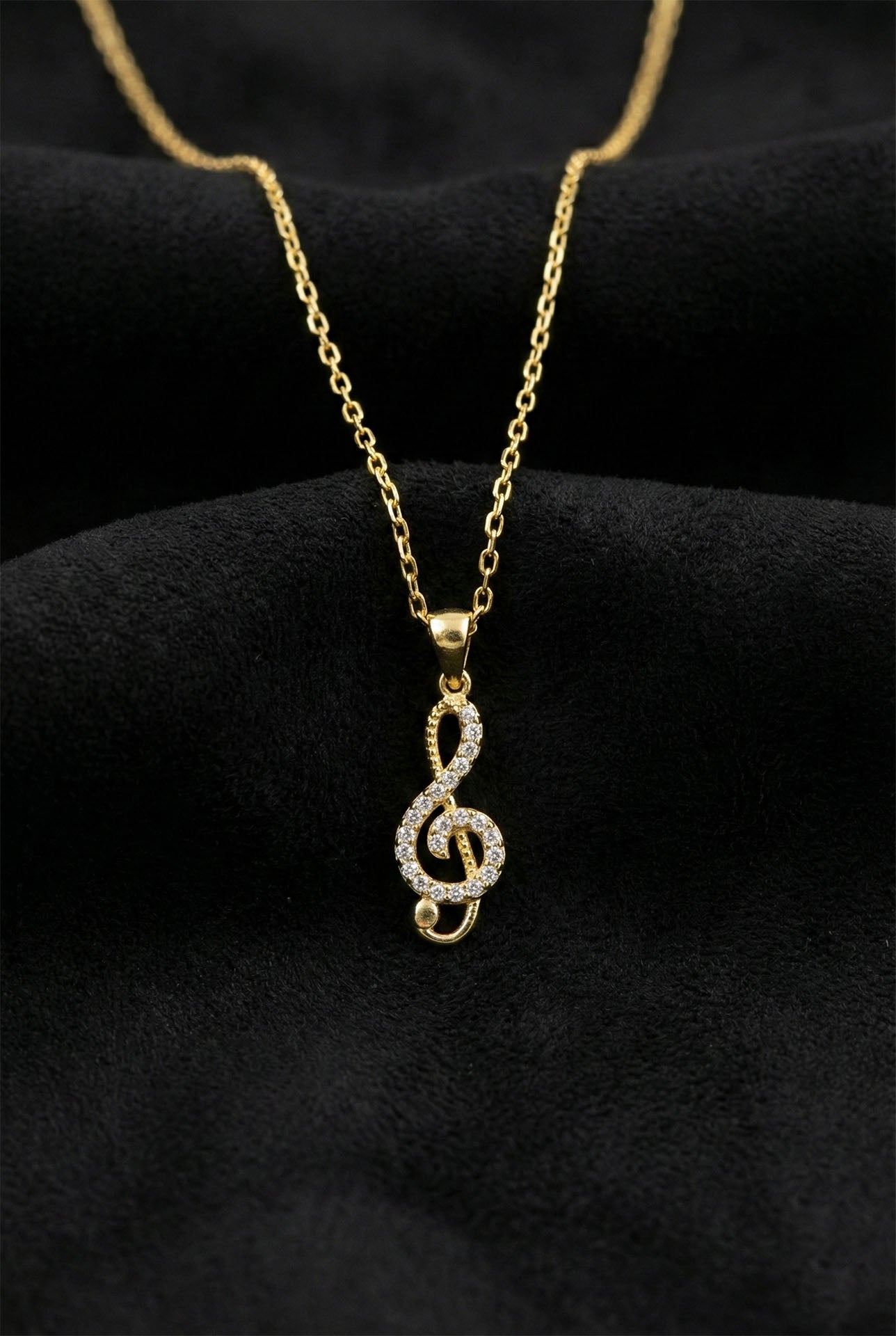 925 Ayar Zirkon Taşlı Gold Sol Anahtarı Minimal Gümüş Kolye