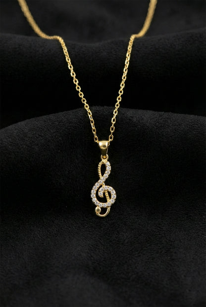 925 Ayar Zirkon Taşlı Gold Sol Anahtarı Minimal Gümüş Kolye