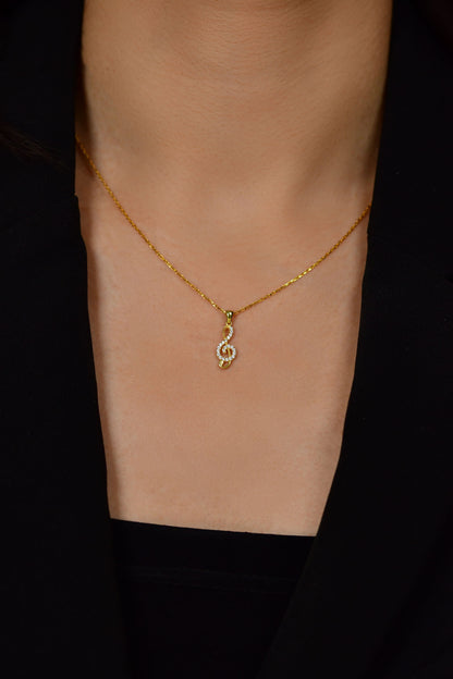 925 Ayar Zirkon Taşlı Gold Sol Anahtarı Minimal Gümüş Kolye