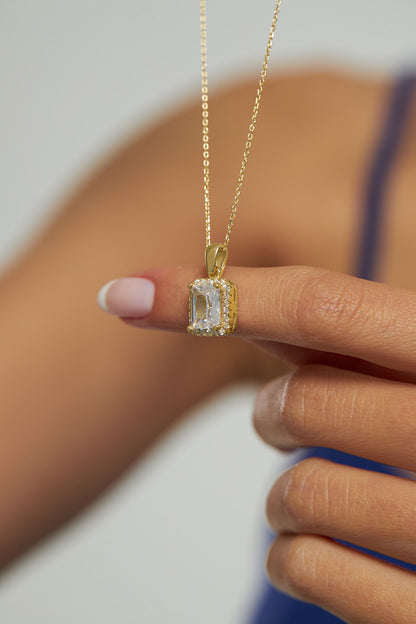 925 Ayar Zirkon Taşlı Gold Tektaş Baget Gümüş Kolye