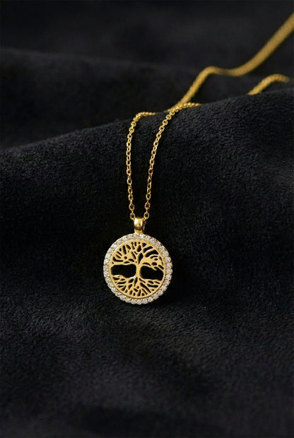 925 Ayar Zirkon Taşlı Gold Yaşam Ağacı Gümüş Kolye
