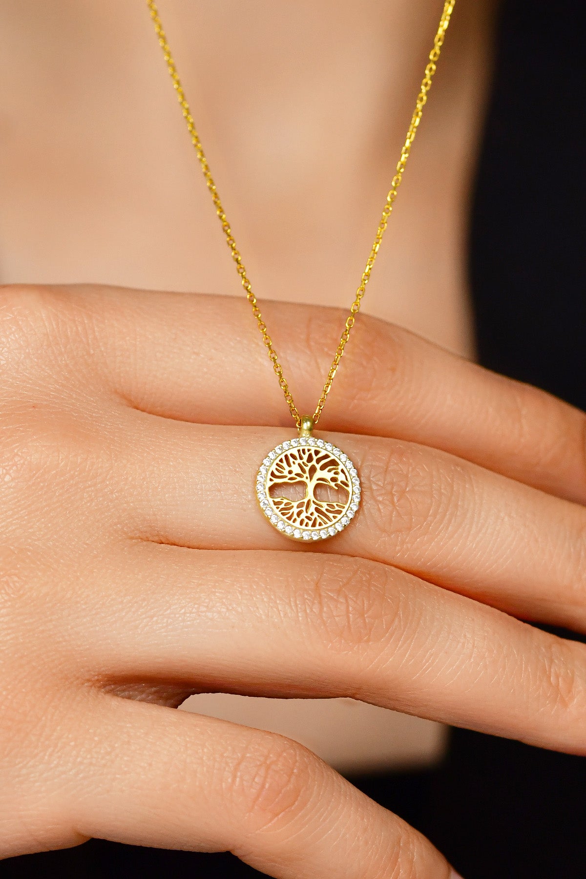 925 Ayar Zirkon Taşlı Gold Yaşam Ağacı Gümüş Kolye