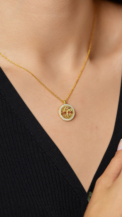 925 Ayar Zirkon Taşlı Gold Yaşam Ağacı Gümüş Kolye