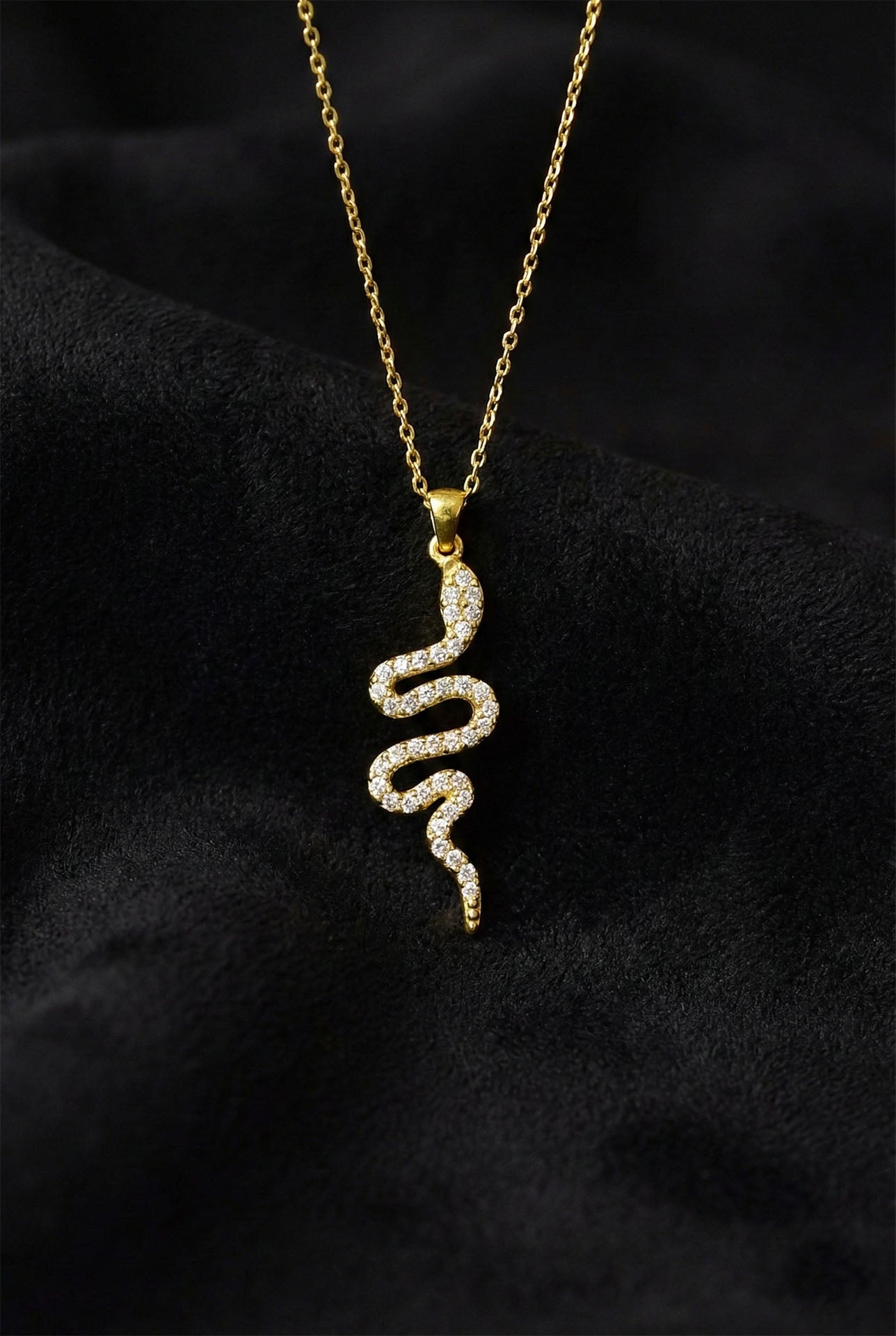 925 Ayar Zirkon Taşlı Gold Yılan Gümüş Kolye