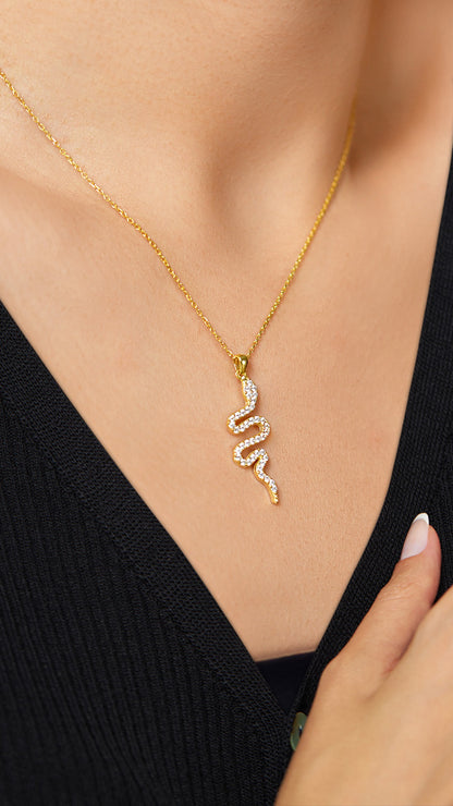 925 Ayar Zirkon Taşlı Gold Yılan Gümüş Kolye