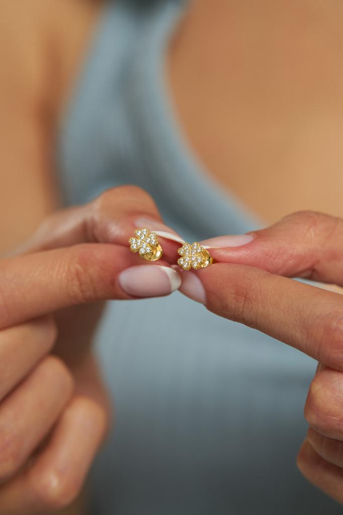 Zirkon Taşlı Gold Yonca Minimal Çivili Gümüş Küpe