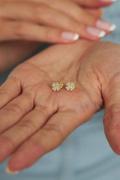 Zirkon Taşlı Gold Yonca Minimal Çivili Gümüş Küpe