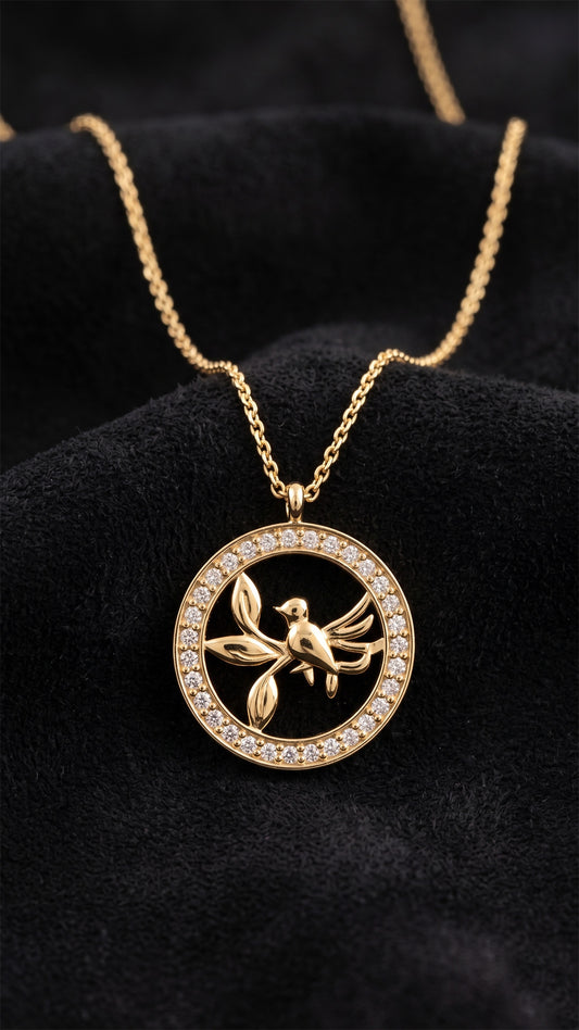 925 Ayar Zirkon Taşlı Gold Yuvarlak Kuş Yuvası Gümüş Kolye