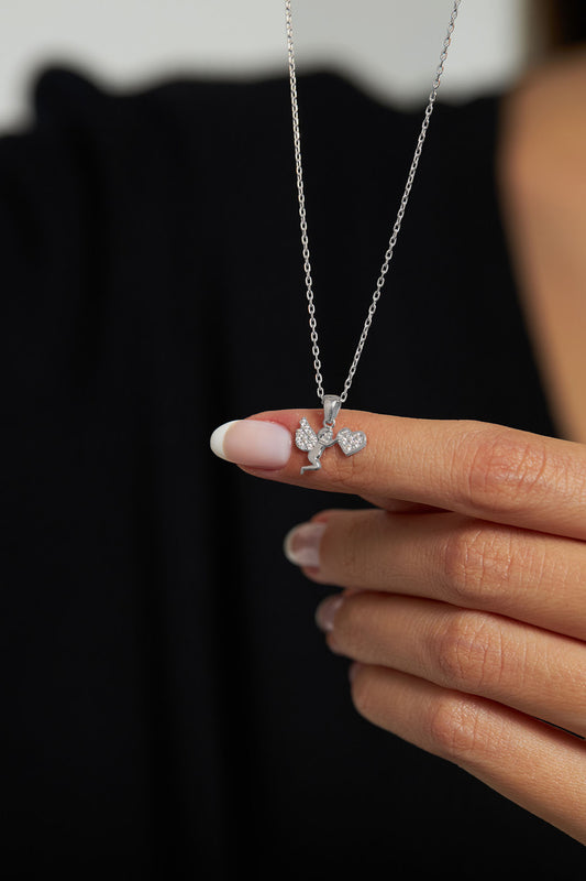 925 Ayar Zirkon Taşlı Rodyum Aşk Meleği Eros Gümüş Kolye