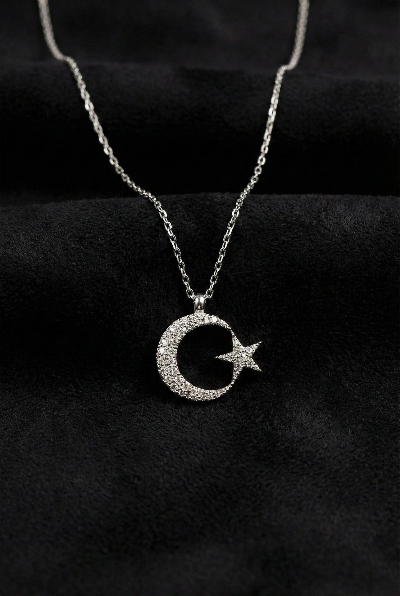 925 Ayar Zirkon Taşlı Rodyum Ay Yıldız Bayrak Gümüş Kolye