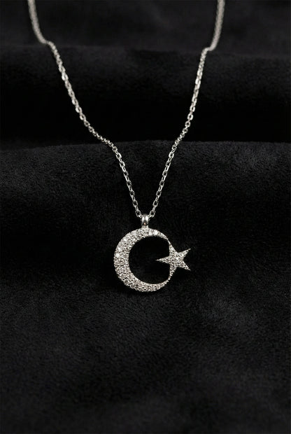 925 Ayar Zirkon Taşlı Rodyum Ay Yıldız Bayrak Gümüş Kolye