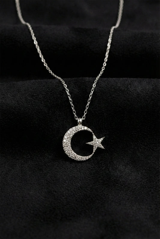 925 Ayar Zirkon Taşlı Rodyum Ay Yıldız Bayrak Gümüş Kolye