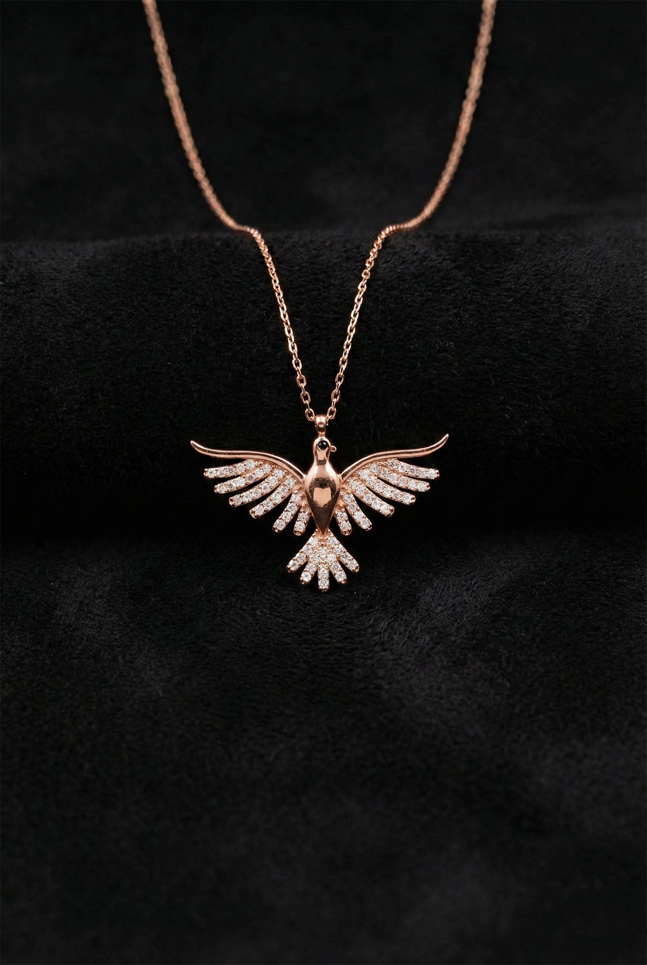 925 Ayar Zirkon Taşlı Rose Anka Kuşu Gümüş Kolye