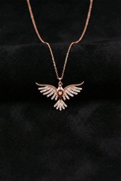 925 Ayar Zirkon Taşlı Rose Anka Kuşu Gümüş Kolye