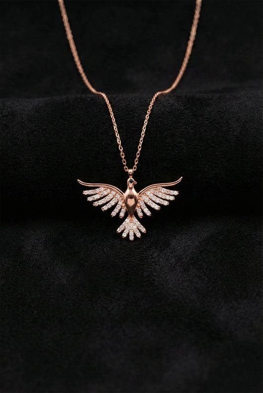 925 Ayar Zirkon Taşlı Rose Anka Kuşu Gümüş Kolye