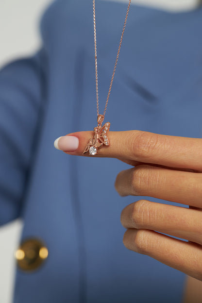 925 Ayar Zirkon Taşlı Rose Aşk Perisi Gümüş Kolye