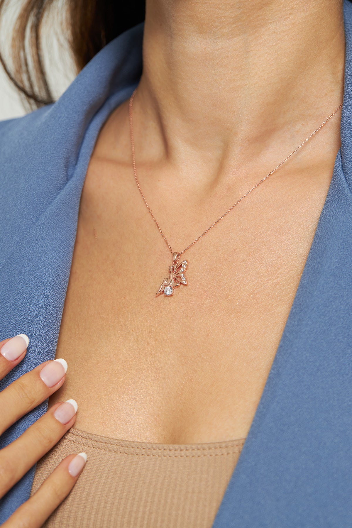 925 Ayar Zirkon Taşlı Rose Aşk Perisi Gümüş Kolye