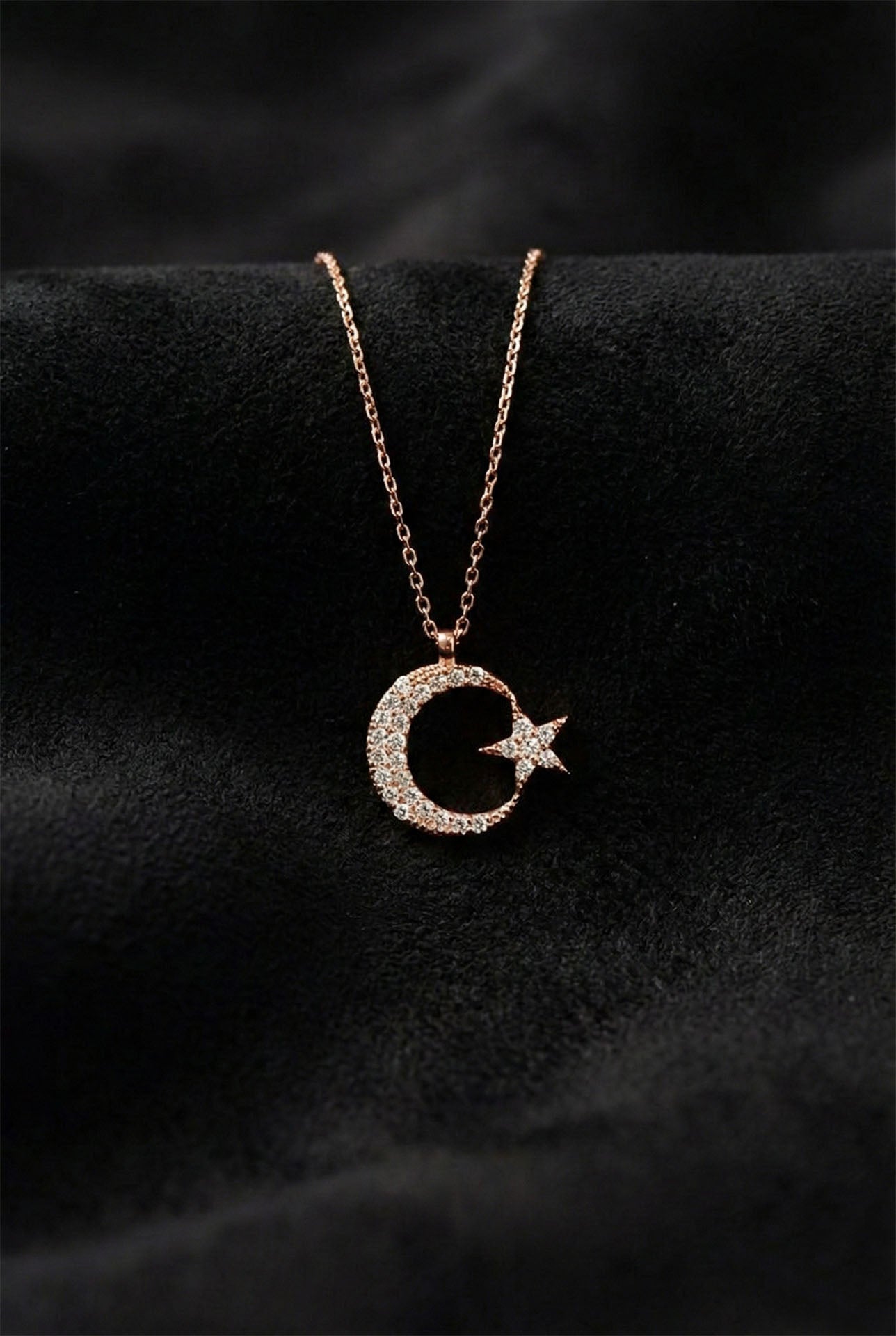 925 Ayar Zirkon Taşlı Rose Ay Yıldız Bayrak Gümüş Kolye