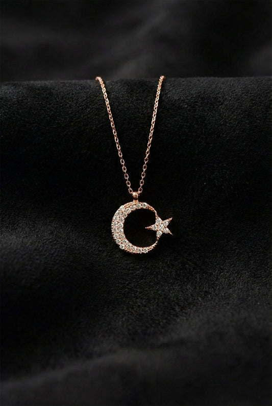 925 Ayar Zirkon Taşlı Rose Ay Yıldız Bayrak Gümüş Kolye