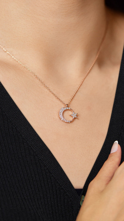 925 Ayar Zirkon Taşlı Rose Ay Yıldız Bayrak Gümüş Kolye