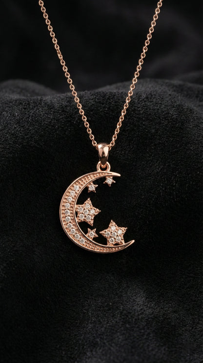 925 Ayar Zirkon Taşlı Rose Ay Yıldız Gökyüzü Gümüş Kolye