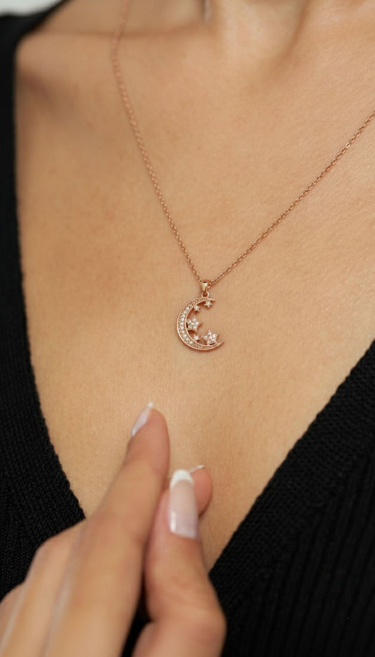 925 Ayar Zirkon Taşlı Rose Ay Yıldız Gökyüzü Gümüş Kolye